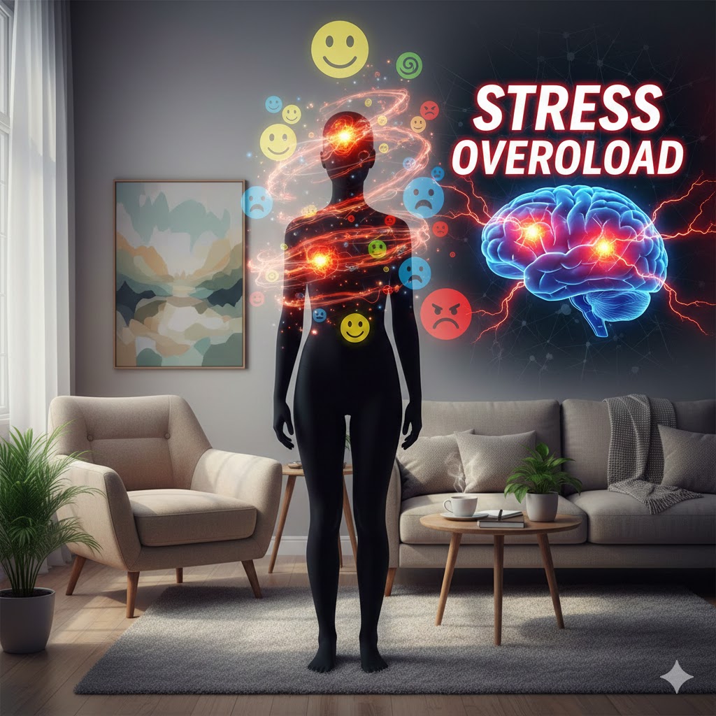 A silhouette of a person with multiple emotion icons around (happy, sad, angry, confused).